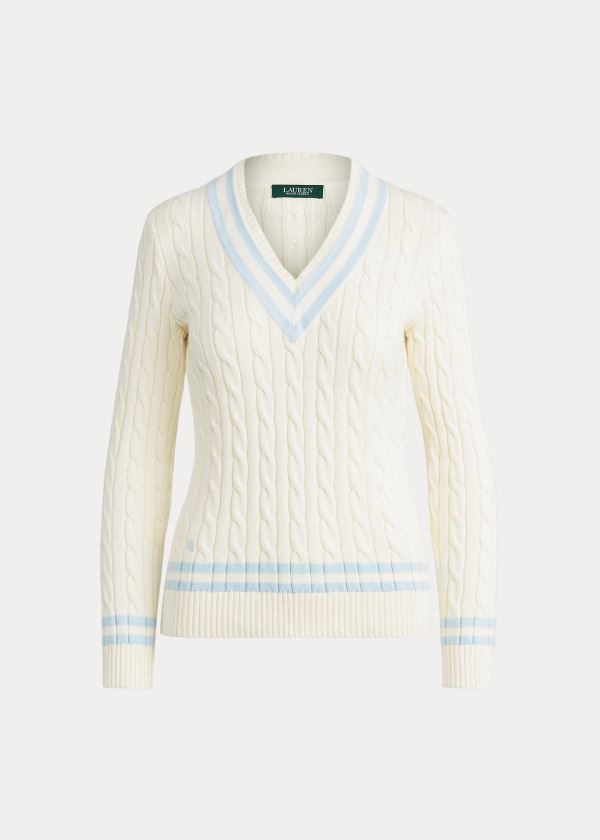 Swetry Ralph Lauren Cotton Cricket Sweater Damskie Kremowe Indygo | JGDU0252