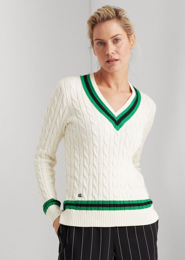 Swetry Ralph Lauren Cotton Cricket Sweater Damskie Kremowe Zielone | QKNI6584