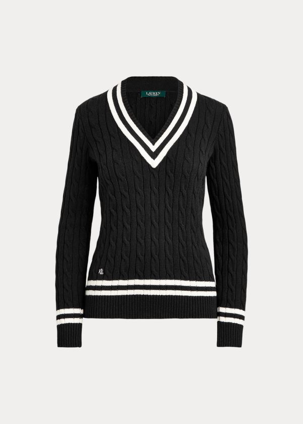 Swetry Ralph Lauren Cotton Cricket Sweater Damskie Czarne Kremowe | QPEM5545