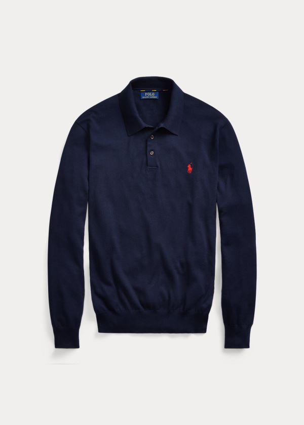 Swetry Ralph Lauren Cotton Polo-Collar Sweater Męskie Granatowe | BGGC9388