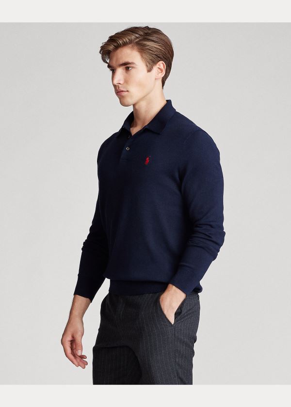 Swetry Ralph Lauren Cotton Polo-Collar Sweater Męskie Granatowe | BGGC9388