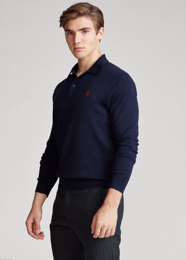 Swetry Ralph Lauren Cotton Polo-Collar Sweater Męskie Granatowe | BGGC9388