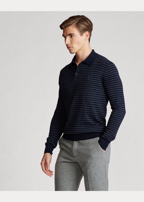 Swetry Ralph Lauren Cotton Polo-Collar Sweater Męskie Granatowe Szare | HCYG8959