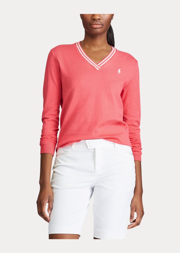 Swetry Ralph Lauren Cotton V-Neck Golf Sweater Damskie Koralowe Białe | YESC9470