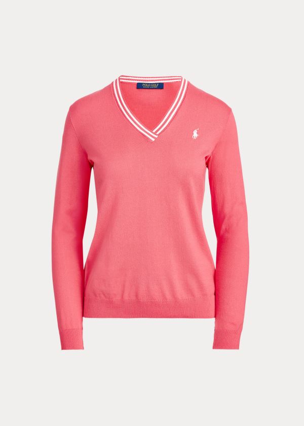 Swetry Ralph Lauren Cotton V-Neck Golf Sweater Damskie Koralowe Białe | YESC9470