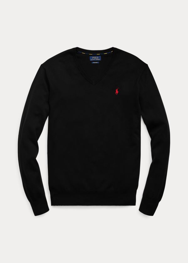 Swetry Ralph Lauren Cotton V-Neck Sweater Męskie Czarne | MLIK0097