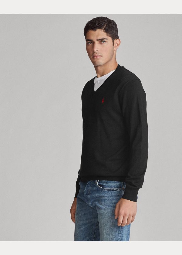 Swetry Ralph Lauren Cotton V-Neck Sweater Męskie Czarne | MLIK0097