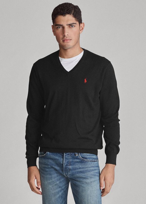 Swetry Ralph Lauren Cotton V-Neck Sweater Męskie Czarne | MLIK0097