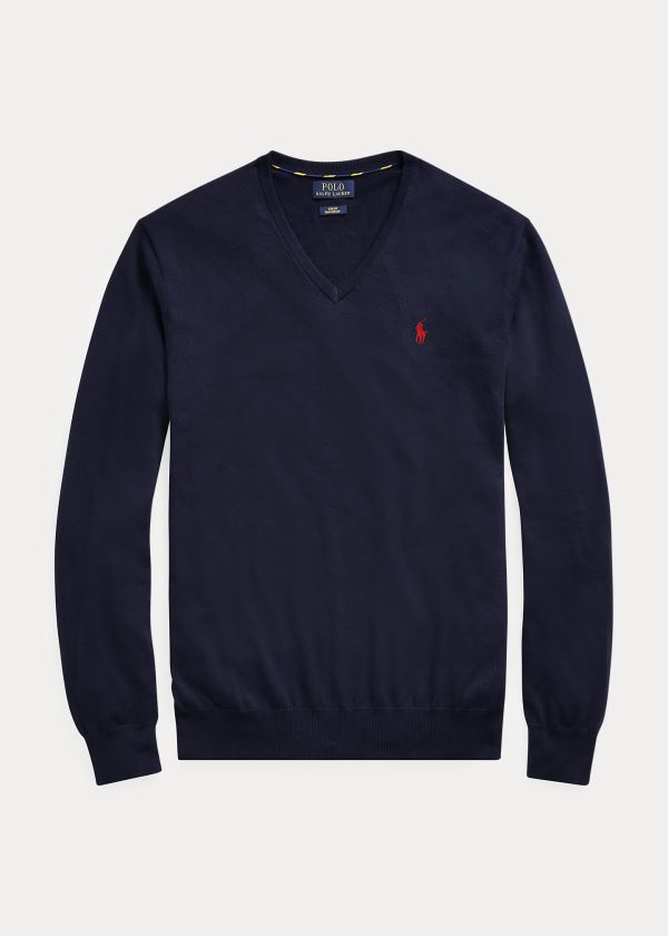 Swetry Ralph Lauren Cotton V-Neck Sweater Męskie Granatowe | PQKS6333