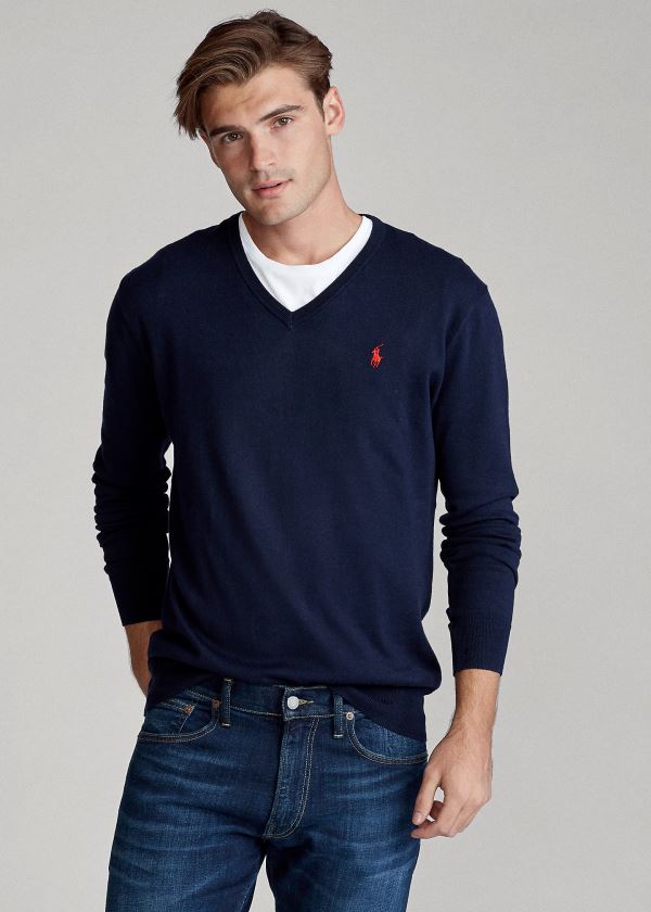 Swetry Ralph Lauren Cotton V-Neck Sweater Męskie Granatowe | PQKS6333