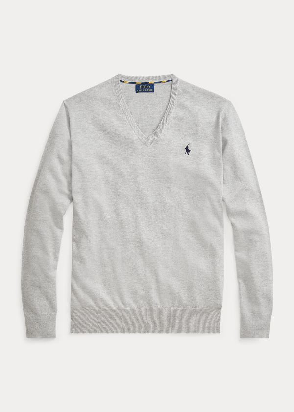 Swetry Ralph Lauren Cotton V-Neck Sweater Męskie Szare | IWHS8776