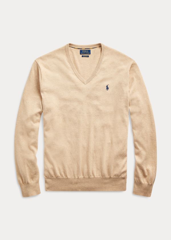 Swetry Ralph Lauren Cotton V-Neck Sweater Męskie Brązowe | HWVF8035