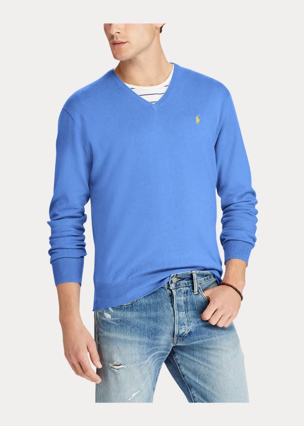 Swetry Ralph Lauren Cotton V-Neck Sweater Męskie Niebieskie | RKGZ7543