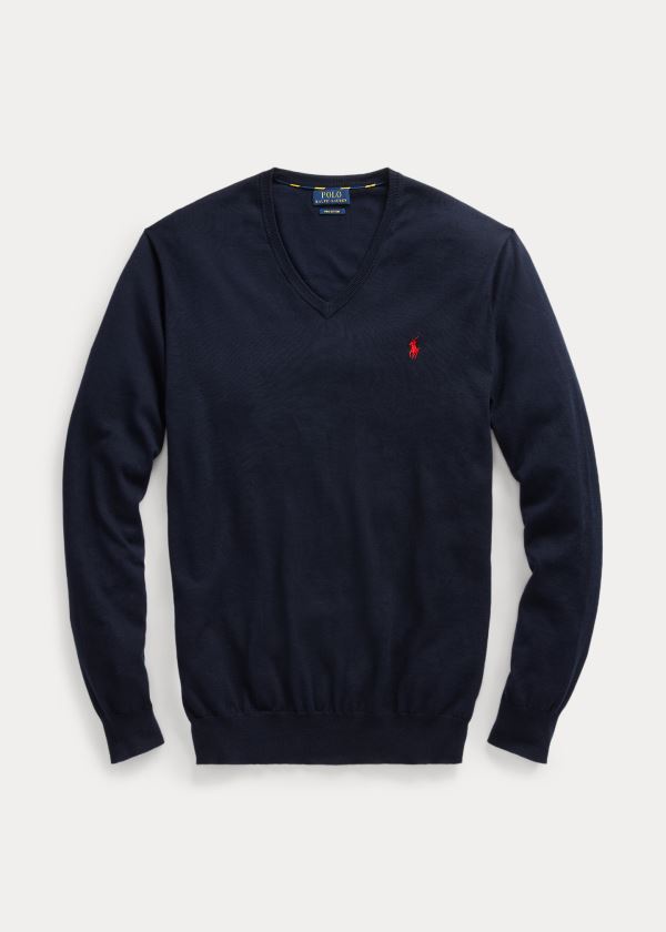 Swetry Ralph Lauren Cotton V-Neck Sweater Męskie Granatowe | CJJV2253