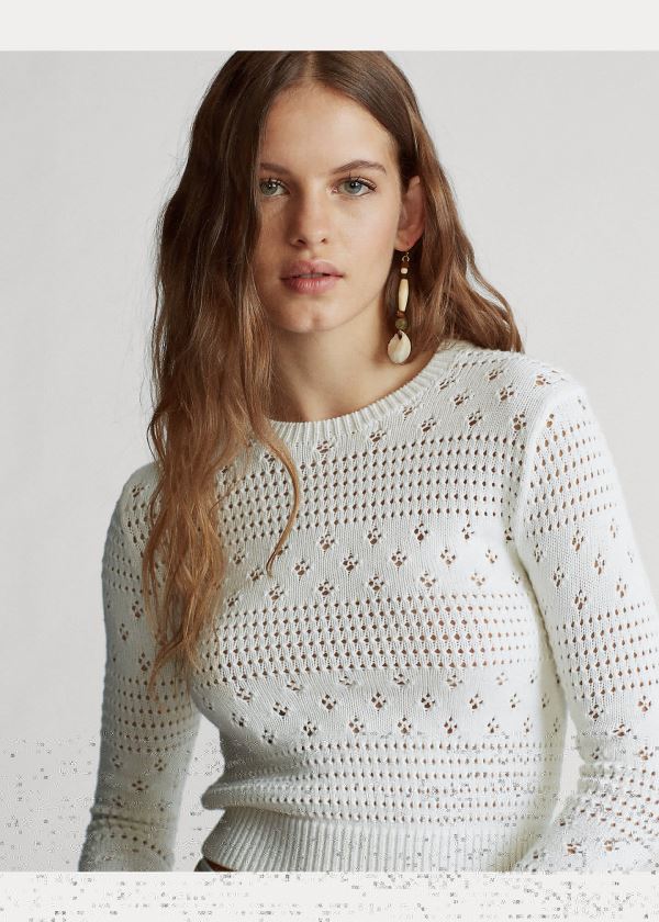 Swetry Ralph Lauren Cropped Pointelle Knit Top Damskie Białe | ECZE8335