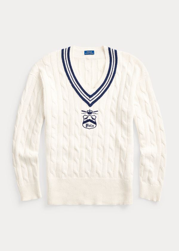 Swetry Ralph Lauren Embroidered Cricket Sweater Męskie Kremowe Granatowe | UVGQ4264