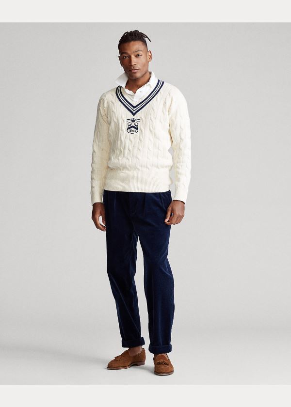 Swetry Ralph Lauren Embroidered Cricket Sweater Męskie Kremowe Granatowe | UVGQ4264