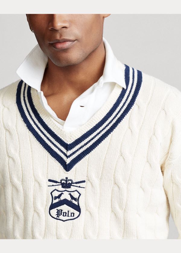 Swetry Ralph Lauren Embroidered Cricket Sweater Męskie Kremowe Granatowe | UVGQ4264