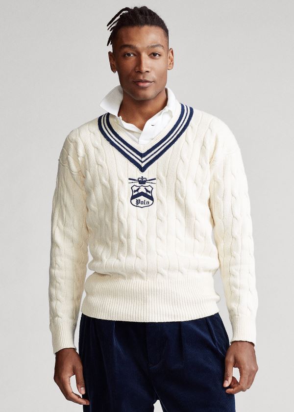 Swetry Ralph Lauren Embroidered Cricket Sweater Męskie Kremowe Granatowe | UVGQ4264