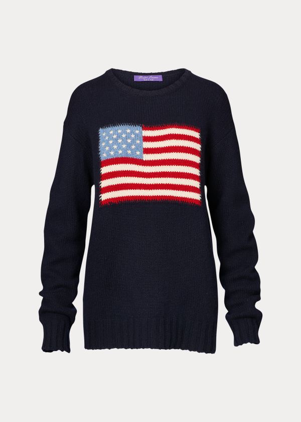 Swetry Ralph Lauren Flag Cashmere Crewneck Sweater Damskie Ciemny Niebieskie Kolorowe | SZVT2044