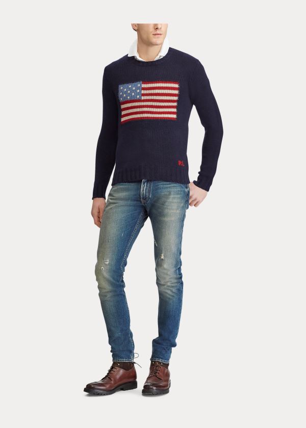 Swetry Ralph Lauren Flag Cashmere Crewneck Sweater Męskie Granatowe | UJBZ4412