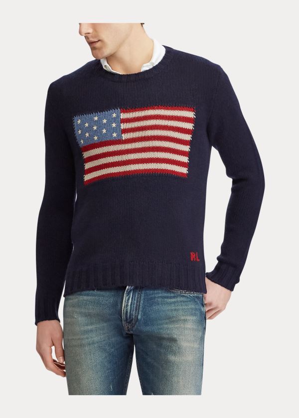 Swetry Ralph Lauren Flag Cashmere Crewneck Sweater Męskie Granatowe | UJBZ4412