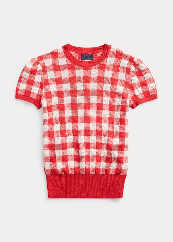 Swetry Ralph Lauren Gingham Short-Sleeve Sweater Damskie Różowe Kolorowe | KPTF0903