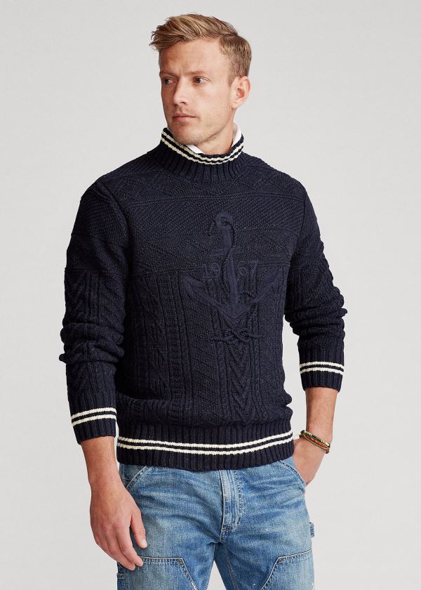 Swetry Ralph Lauren Hand-Embroidered Sweater Męskie Granatowe Kremowe | BWJG0376