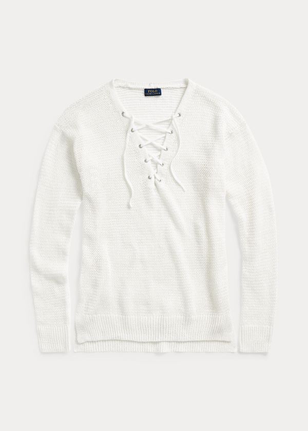 Swetry Ralph Lauren Lace-Up Linen Knit Top Damskie Białe | ZJGR4376