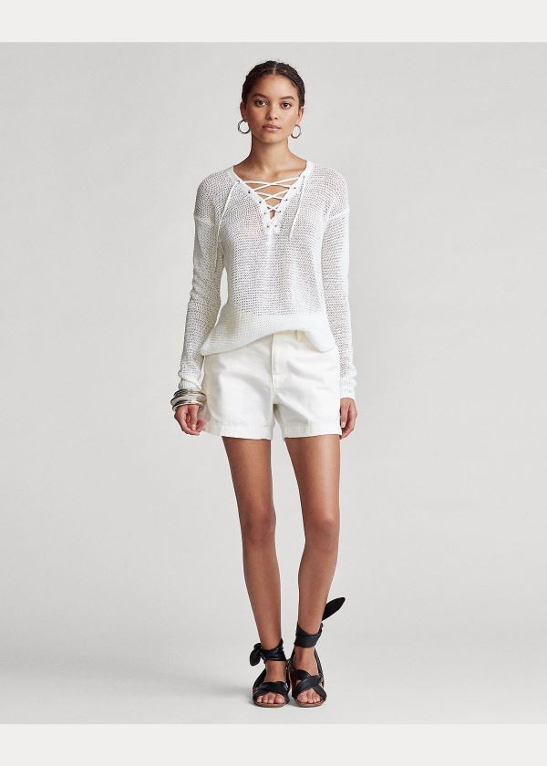 Swetry Ralph Lauren Lace-Up Linen Knit Top Damskie Białe | ZJGR4376