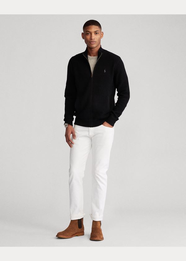 Swetry Ralph Lauren Merino Wool Full-Zip Sweater Męskie Czarne | LVCV3770