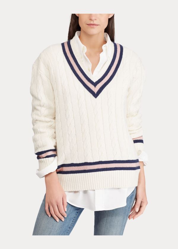 Swetry Ralph Lauren Pink Pony Cricket Sweater Damskie Kremowe Różowe Granatowe | MJDY1750