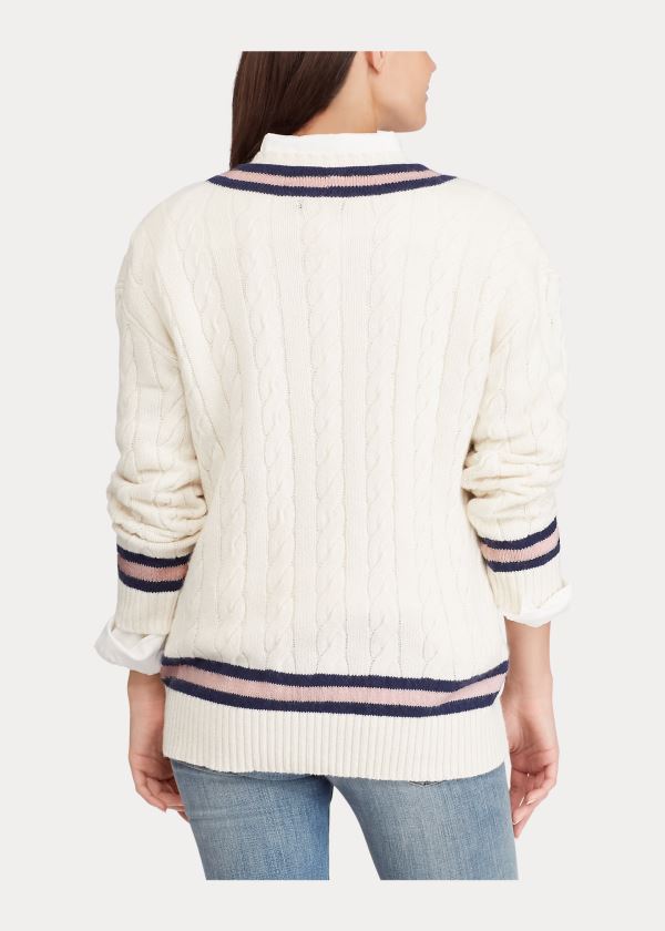 Swetry Ralph Lauren Pink Pony Cricket Sweater Damskie Kremowe Różowe Granatowe | MJDY1750