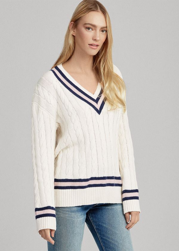 Swetry Ralph Lauren Pink Pony Cricket Sweater Damskie Kremowe Różowe Granatowe | MJDY1750