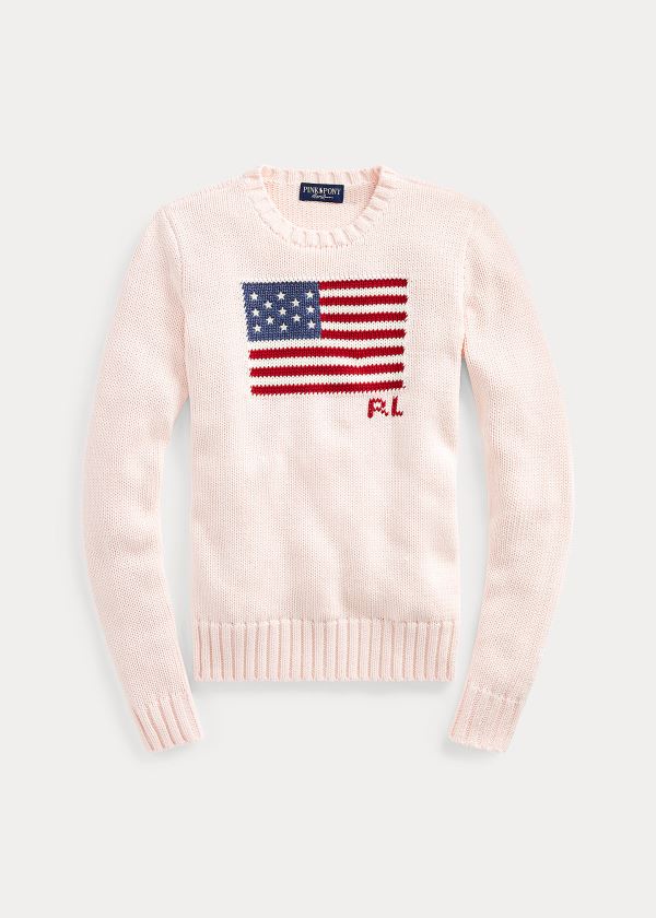 Swetry Ralph Lauren Pink Pony Flag Cotton Sweater Damskie Różowe | SLRH9242