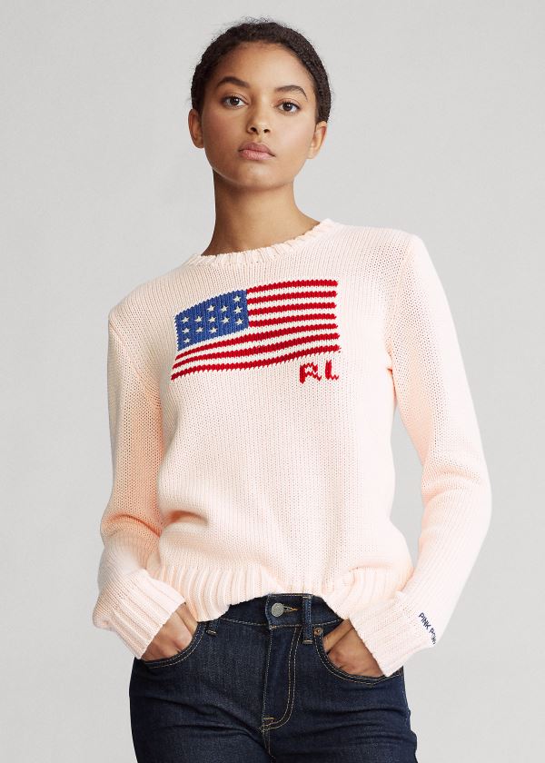 Swetry Ralph Lauren Pink Pony Flag Cotton Sweater Damskie Różowe | SLRH9242