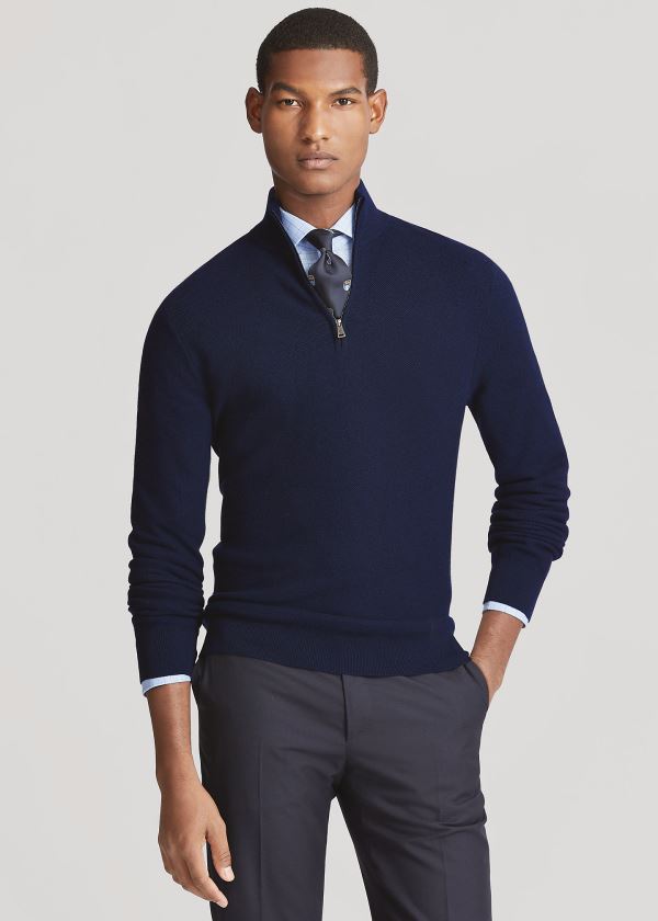 Swetry Ralph Lauren Piqu? Merino-Cashmere Sweater Męskie Granatowe | YLJE8161