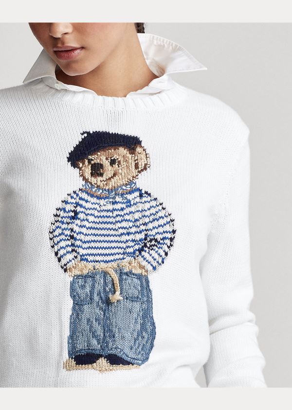 Swetry Ralph Lauren Polo Bear Cotton Sweater Damskie Białe | RBFW5973