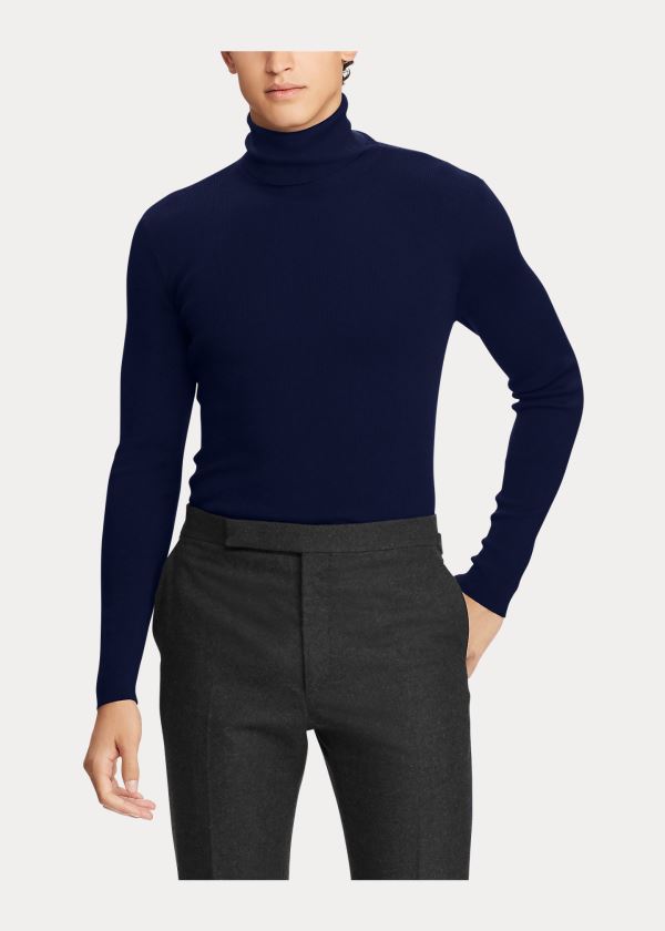 Swetry Ralph Lauren RLX Slim Ribbed Merino Sweater Męskie Granatowe | SJCD7389