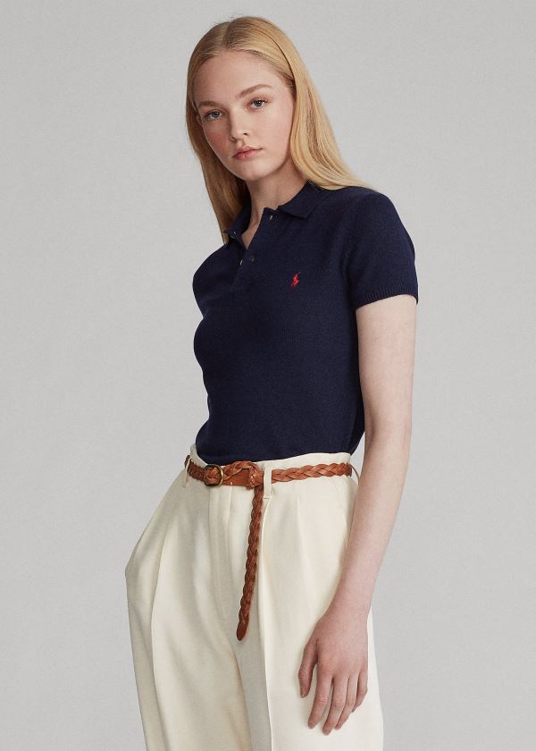 Swetry Ralph Lauren Ribbed-Hem Cashmere Polo Shirt Damskie Granatowe | BIQH7088