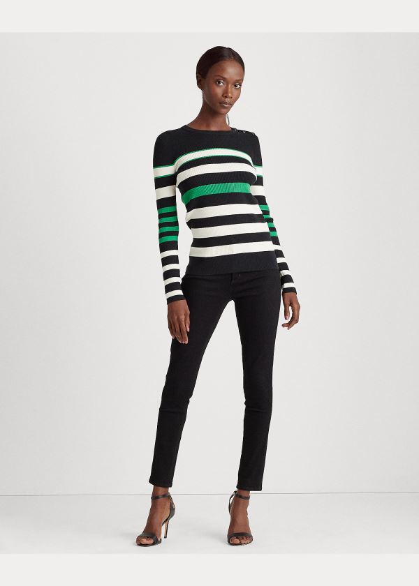 Swetry Ralph Lauren Ribbed Cotton-Blend Sweater Damskie Czarne Kremowe | GPLB9342