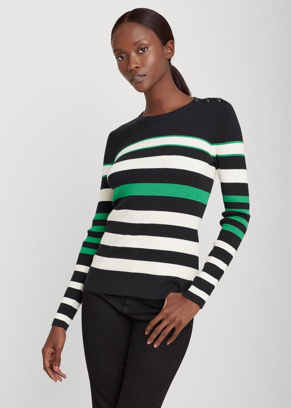 Swetry Ralph Lauren Ribbed Cotton-Blend Sweater Damskie Czarne Kremowe | GPLB9342