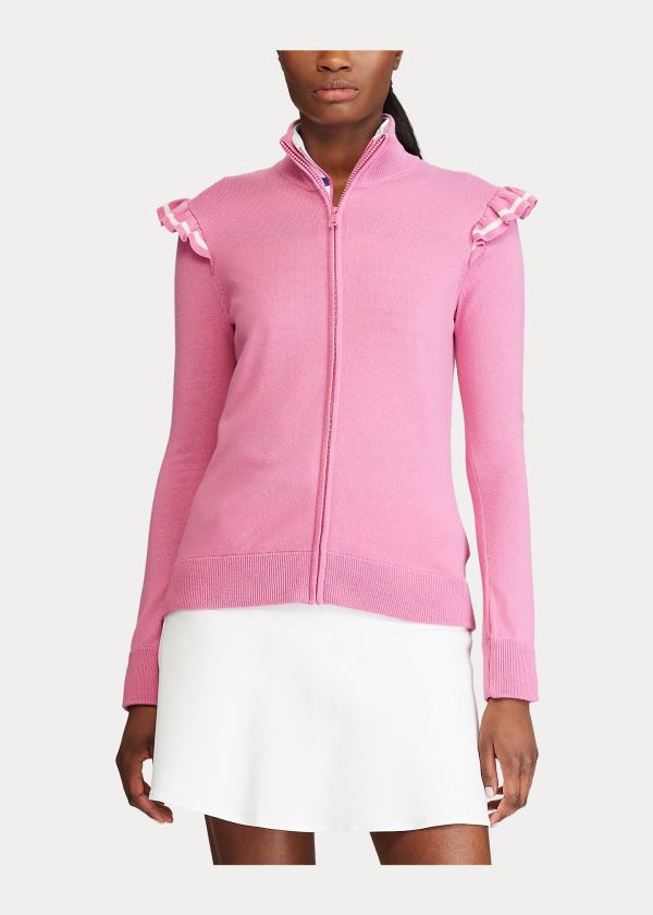 Swetry Ralph Lauren Ruffle-Trim Zip Golf Sweater Damskie Różowe | QXQJ9816