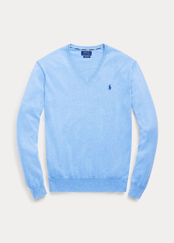 Swetry Ralph Lauren Slim Fit Cotton V-Neck Sweater Męskie Królewski Niebieski Niebieskie | LGZQ3937