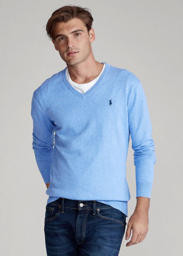 Swetry Ralph Lauren Slim Fit Cotton V-Neck Sweater Męskie Królewski Niebieski Niebieskie | LGZQ3937