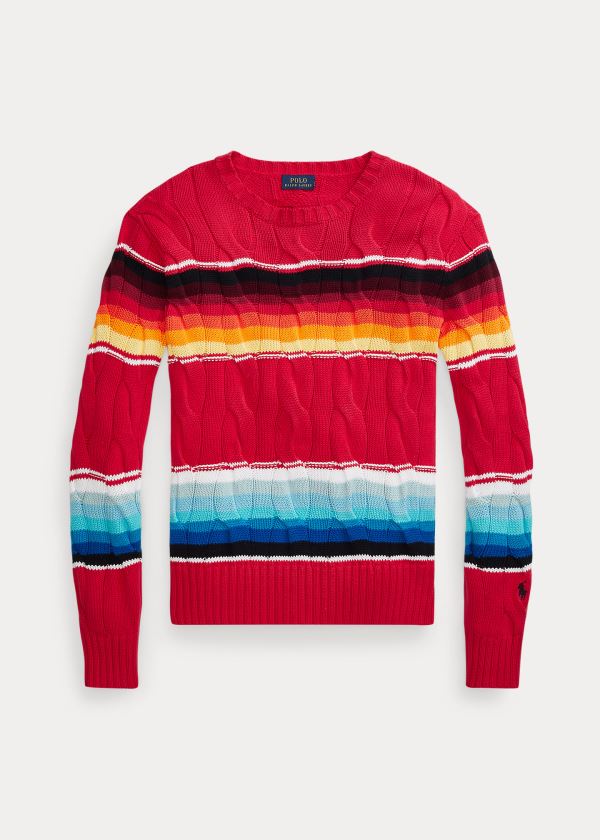 Swetry Ralph Lauren Striped Cable-Knit Sweater Damskie Czerwone Kolorowe | ADME6244