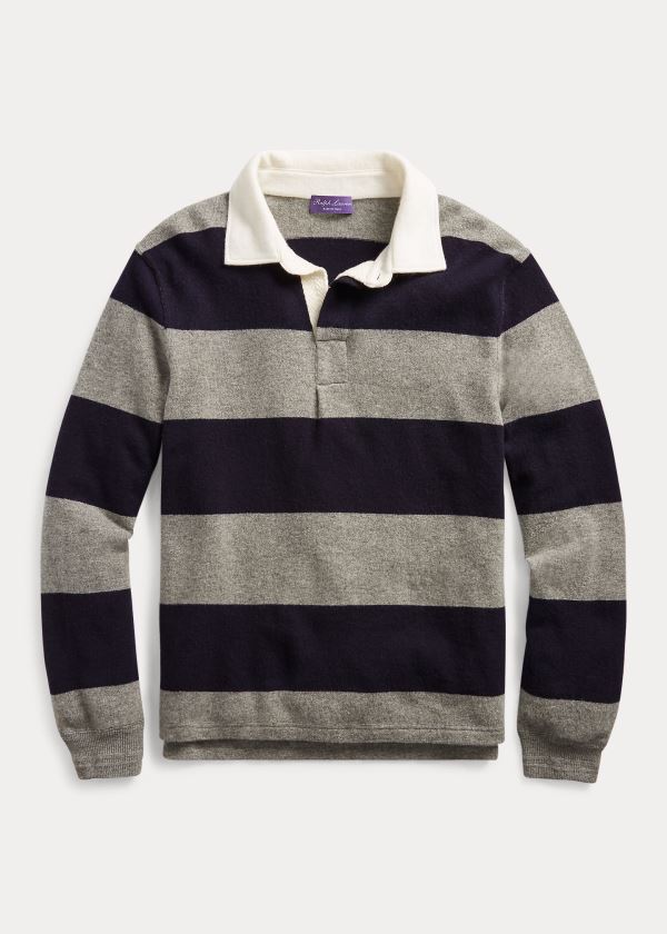 Swetry Ralph Lauren Striped Cashmere Rugby Sweater Męskie Szare Granatowe | VYAS1086