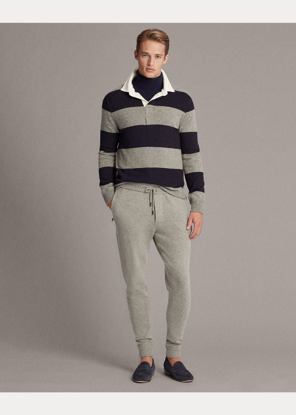 Swetry Ralph Lauren Striped Cashmere Rugby Sweater Męskie Szare Granatowe | VYAS1086