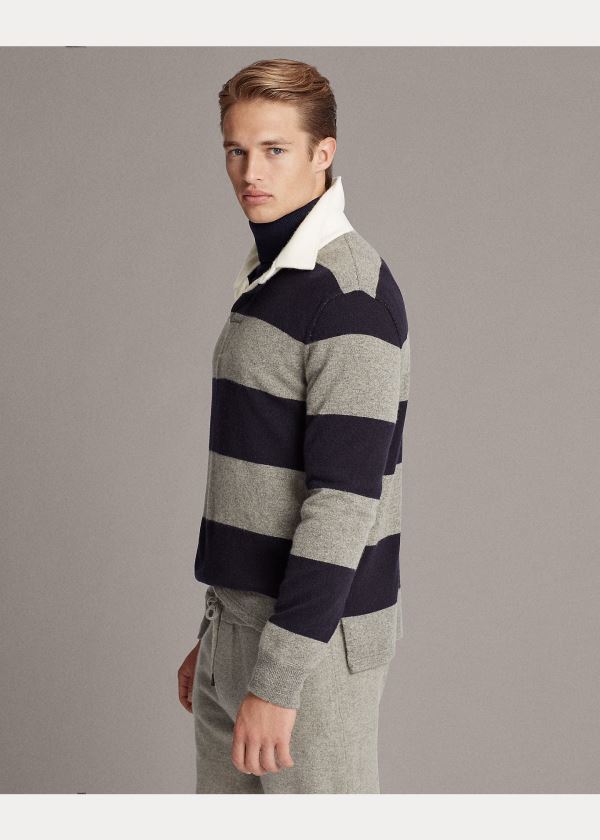 Swetry Ralph Lauren Striped Cashmere Rugby Sweater Męskie Szare Granatowe | VYAS1086