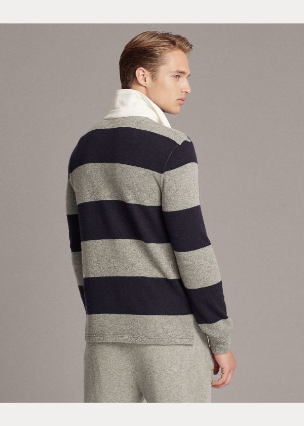 Swetry Ralph Lauren Striped Cashmere Rugby Sweater Męskie Szare Granatowe | VYAS1086